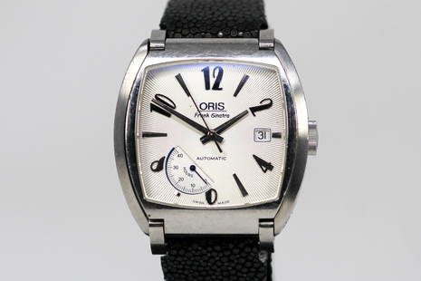 Oris Frank Sinatra Automatic with Date Wristwatch *DAMAGED: Screw Missing, Left Side of Watch Hangs: Stainless Steel Oris Frank Sinatra Automatic with Date Wristwatch *DAMAGED: Screw Missing, Left Side of Watch Hangs Loose*; # 1277/2090. 38mm diameter. Running at time of cataloging.