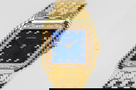 Cartier Panthere Wristwatch with Factory Diamond Bezel and Factory Diamond Dial in 18k Yellow Gold: 18k Yellow Gold Cartier Panthere Wristwatch with Factory Diamond Bezel and Factory Diamond Dial on 18k Yellow Gold Cartier bracelet; Serial # 8839550249. 27mm diameter. Not running.
