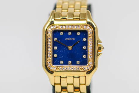 Cartier Panthere Wristwatch with Factory Diamond Bezel and Factory Diamond Dial in 18k Yellow Gold: 18k Yellow Gold Cartier Panthere Wristwatch with Factory Diamond Bezel and Factory Diamond Dial on 18k Yellow Gold Cartier bracelet; Serial # 8839550249. 27mm diameter. Not running.