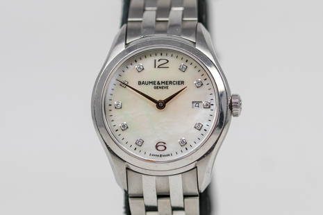 Baume & Mercier Clifton with Date Wristwatch with Factory Mother of Pearl and Diamond Dial: Stainless Steel Baume & Mercier Clifton with Date Wristwatch with Factory Mother of Pearl and Diamond Dial on Stainless Steel Baume & Mercier bracelet; Model MOA10176, Serial # 5666063. 30mm