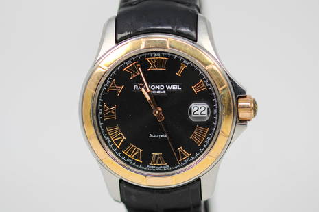 Two-Tone Raymond Weil Geneve Automatic with Date Wristwatch *Crown Damaged, Needs To Be Replaced,: Two-Tone Raymond Weil Geneve Automatic with Date Wristwatch *Crown Damaged, Needs To Be Replaced, Doesn't Move Hands*. 39mm diameter. Not running.