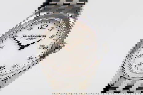 Ladies Baume & Mercier Geneve Clifton with Date Wristwatch with Factory Mother of Pearl Diamond Dial: Stainless Steel Ladies Baume & Mercier Geneve Clifton with Date Wristwatch with Factory Mother of Pearl Diamond Dial on Stainless Steel Baume & Mercier bracelet; Model 10176, Serial # 5641236. 30mm