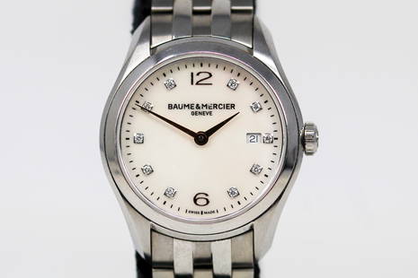 Ladies Baume & Mercier Geneve Clifton with Date Wristwatch with Factory Mother of Pearl Diamond Dial: Stainless Steel Ladies Baume & Mercier Geneve Clifton with Date Wristwatch with Factory Mother of Pearl Diamond Dial on Stainless Steel Baume & Mercier bracelet; Model 10176, Serial # 5641236. 30mm