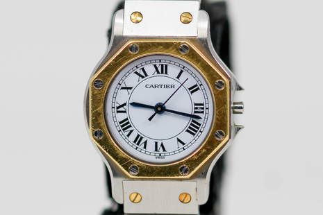 Two-Tone Ladies Cartier Santos Wristwatch with Cartier International Gurantee Certificate *Crown: Two-Tone Ladies Cartier Santos Wristwatch on Two-Tone Cartier bracelet with Cartier International Gurantee Certificate *Crown Missing*; Serial # 090790942. 25mm diameter. Not running.