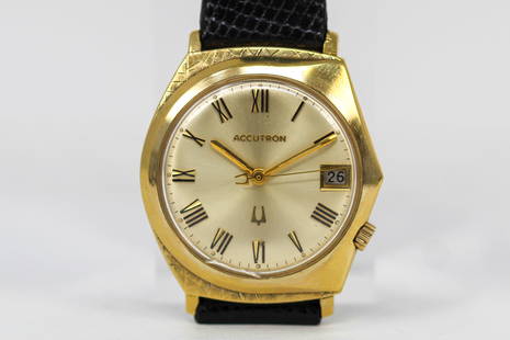 Vintage Bulova Accutron with Date Wristwatch in 14k Yellow Gold: 14k Yellow Gold Vintage Bulova Accutron with Date Wristwatch; Serial # H56931. 34mm diameter. Not running