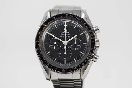 Vintage Omega Speedmaster Professional Chronograph Wristwatch: Stainless Steel Vintage Omega Speedmaster Professional Chronograph Wristwatch on Stainless Steel Omega bracelet; Ref 145.022, Serial # 31625361. 42mm diameter. Running at time of cataloging.