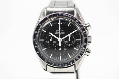 Vintage Omega Speedmaster Professional Chronograph Wirstwatch: Stainless Steel Vintage Omega Speedmaster Professional Chronograph Wirstwatch on Stainless Steel Omega bracelet; Ref 145.012-67, Serial # 25009130. 42mm diameter. Running at time of cataloging.