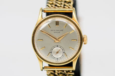 Vintage Patek Philippe Geneve Wristwatch in 18k Yellow Gold: 18k Yellow Gold Vintage Patek Philippe Geneve Wristwatch on 18k Yellow Gold bracelet marked "GF" "4-51", Model 96, Serial # 303355. 31mm diameter. Running at time of cataloging.