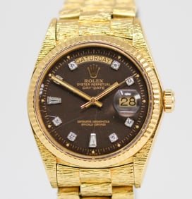 Vintage Rolex Oyster Perpetual Day-Date Wristwatch with Factory Diamond Dial in 18k Yellow Gold