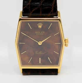 Vintage Rolex Geneve Cellini Wristwatch on Rolex Leather Strap with Rolex Buckle in 18k Yellow Gold