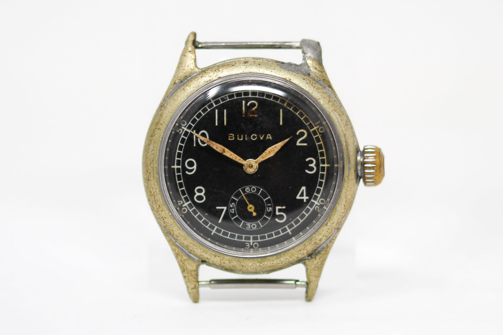 Vintage Bulova Military Wristwatch: Stainless Steel Vintage Bulova Military Wristwatch; Serial # 71025. 32mm diameter. Running at time of cataloging. PLEASE NOTE: all wristwatches are sold "as-is", with no mechanical warranty or guarant