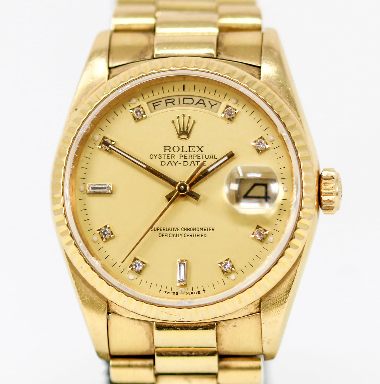 Vintage Rolex Oyster Perpetual Day-Date Wristwatch in 18k Yellow Gold with Factory Rolex Diamond (1 of 8)