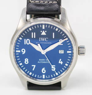 IWC Schaffhausen Mark XX Automatic with Date Wristwatch: Stainless Steel IWC Schaffhausen Mark XX Automatic with Date Wristwatch on IWC Leather Strap; Serial # 63922464. 40mm diameter. Running at time of cataloging. PLEASE NOTE: all wristwatches are sold
