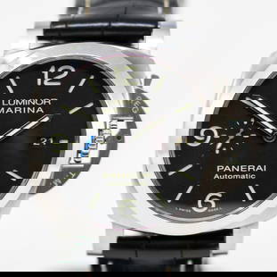Panerai Luminor Marina with Date Wristwatch: Stainless Steel Panerai Luminor Marina with Date Wristwatch on Panerai Leather Strap; Ref OP 7310, Serial # BB 1983384. 44mm diameter. Running at time of cataloging. PLEASE NOTE: all wristwatches are
