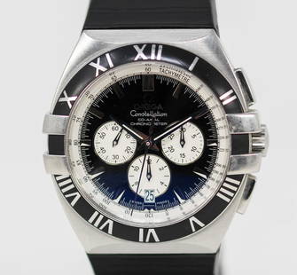 Omega Constellation Chonograph with Date Wristwatch: Stainless Steel Omega Constellation Chonograph with Date Wristwatch on Stainless Steel and Rubber Omega Strap; Serial # 78072775. 42mm diameter. Running at time of cataloging. PLEASE NOTE: all