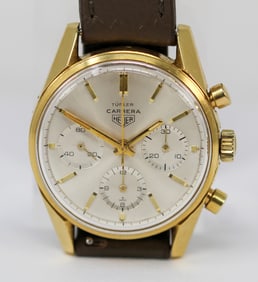 Vintage Heuer Carrera Turler Chronograph Wristwatch in 18k Yellow Gold