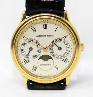 Vintage Audemars Piguet Calendar Moonphase Wristwatch in 18k Yellow Gold: 18k Yellow Gold Vintage Audemars Piguet Calendar Moonphase Wristwatch; Serial # C11145. 33mm diameter. Running at time of cataloging. PLEASE NOTE: all wristwatches are sold "as-is", with no mechanical