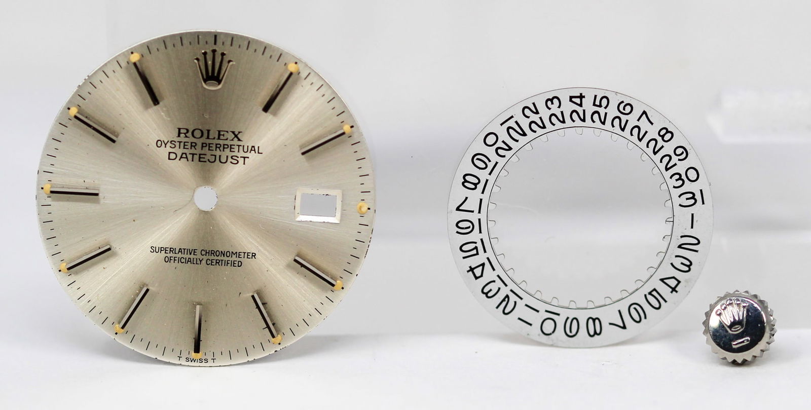 Loose Vintage Rolex Oyster Perpetual Datejust Dial with Rolex Date Wheel and Rolex Crown (1 of 7)