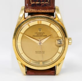 Vintage Universal Geneve Polerouter Date Wristwatch in 18k Yellow Gold