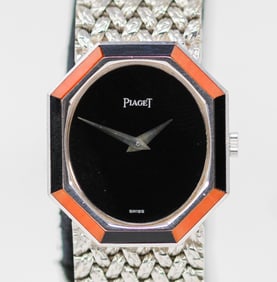 Ladies Piaget Wristwatch with Factory Onyx Dial and Factory Onyx and Coral Bezel in 18k White Gold