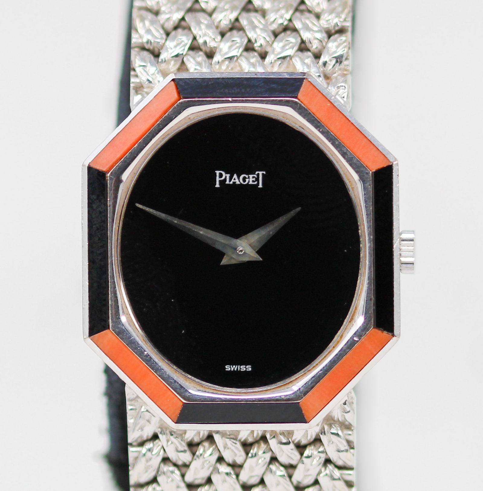 Ladies Piaget Wristwatch with Factory Onyx Dial and Factory Onyx and Coral Bezel in 18k White Gold (1 of 8)