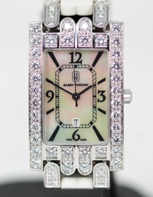 Harry Winston Rectangular with Date Wristwatch with Factory Diamond Bezel in 18k White Gold with