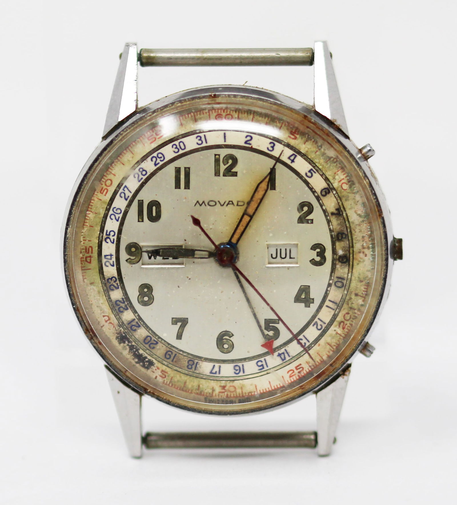 Vintage Movado Calendar Wristwatch *Crown Missing/Needs Repair*: Stainless Steel Vintage Movado Calendar Wristwatch *Crown Missing/Needs Repair*; Ref 14816, Serial # 00479395. 32mm diameter. Not running. PLEASE NOTE: all wristwatches are sold "as-is", with no mecha