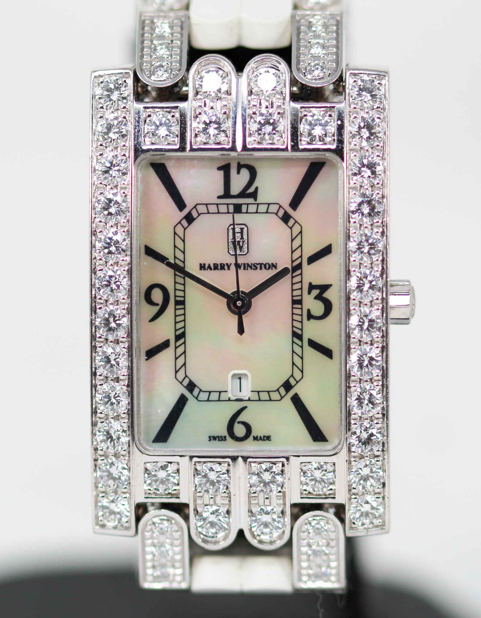 Harry Winston Rectangular with Date Wristwatch with Factory Diamond Bezel in 18k White Gold with (1 of 10)