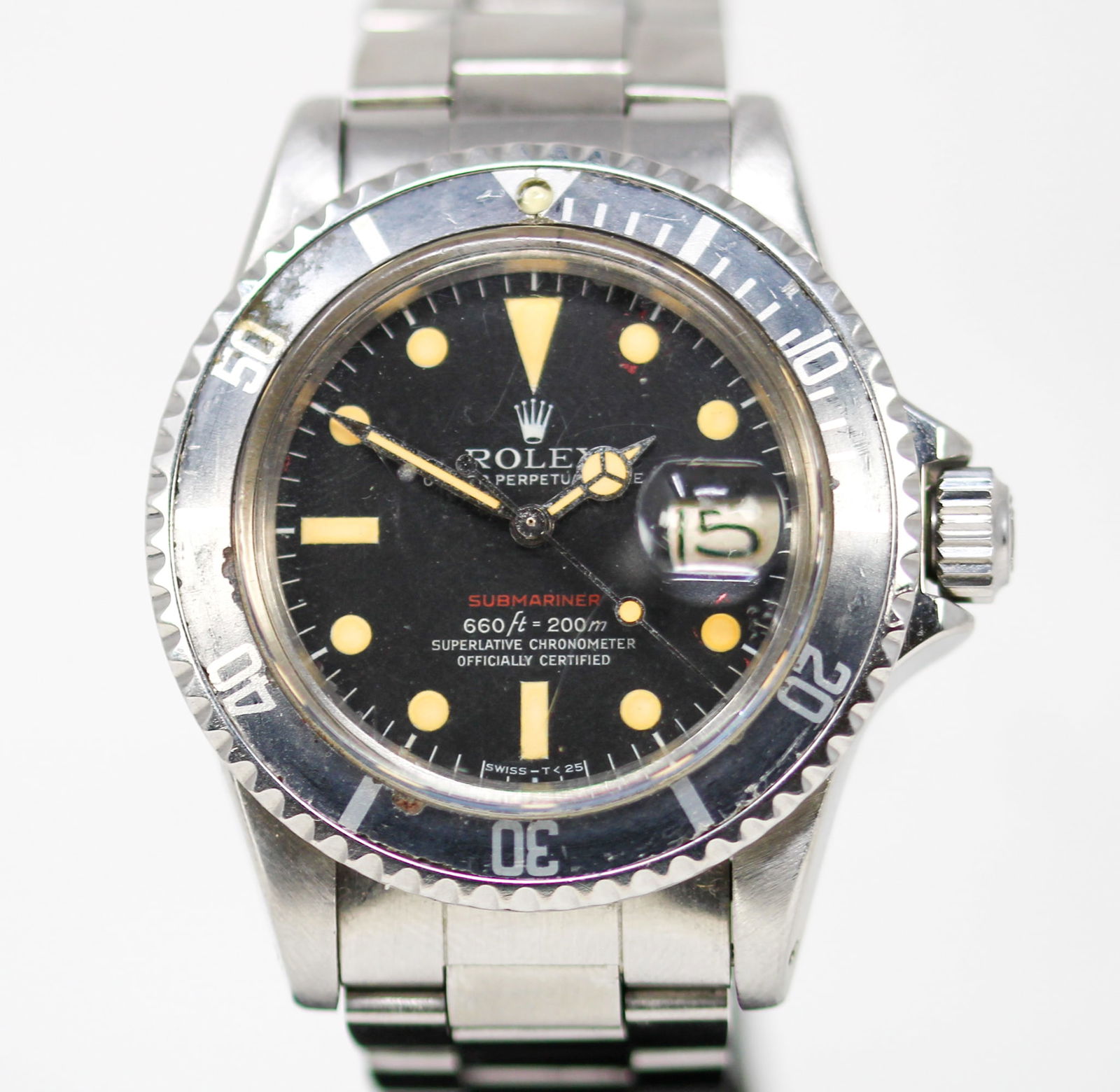 Vintage Rolex Oyster Perpetual Date Submariner Wristwatch with Rolex Certificate, Rolex Service: Stainless Steel Vintage Rolex Oyster Perpetual Date Submariner Wristwatch on Stainless Steel Rolex Bracelet with Rolex Certificate, Rolex Service Receipt, and Rolex Hang Tag; Model 1680, Serial # 3999