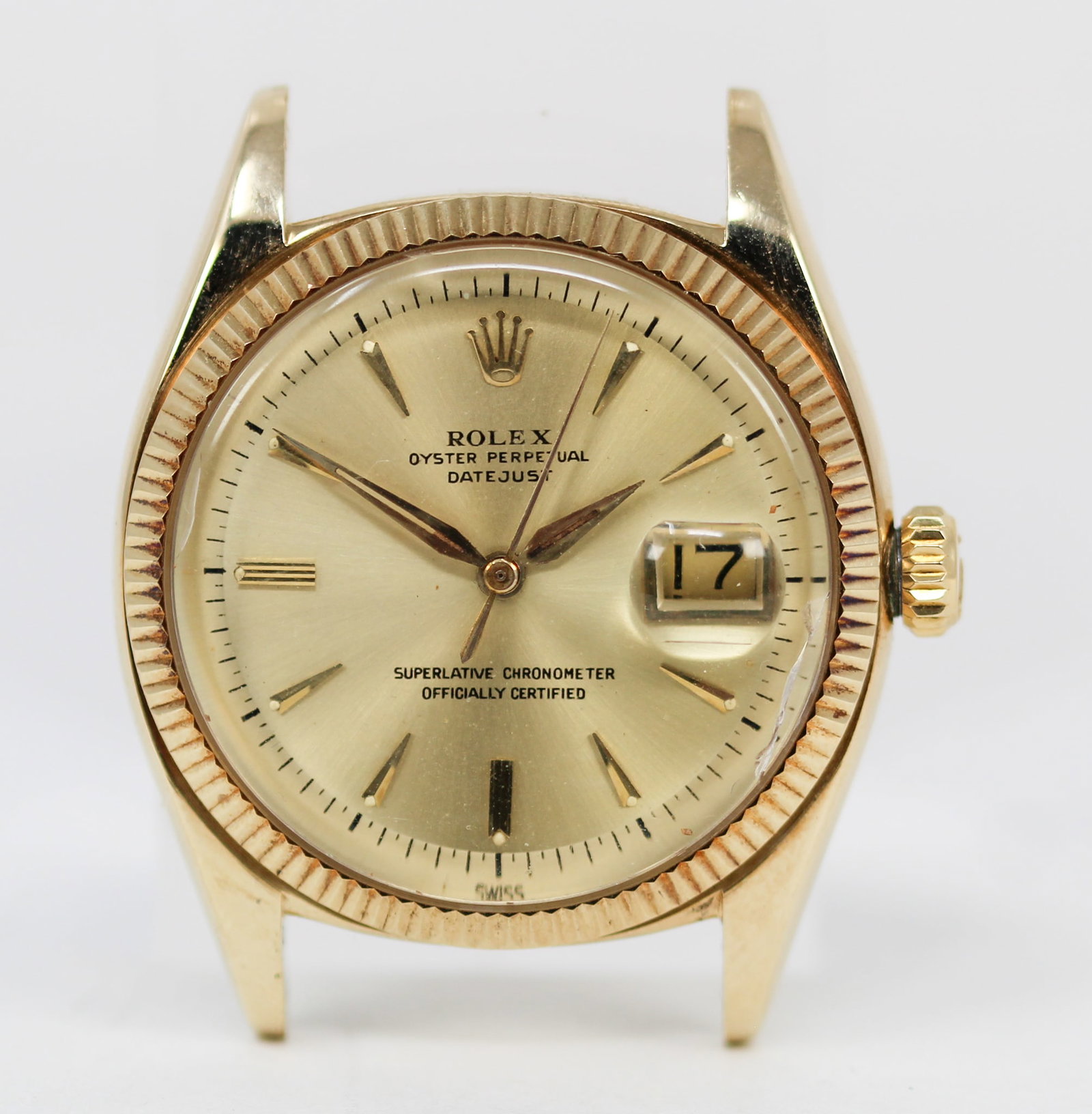 Vintage Rolex Oyster Perpetual Datejust Wristwatch in 14k Yellow Gold: 14k Yellow Gold Vintage Rolex Oyster Perpetual Datejust Wristwatch; Model 6605, Serial # 464074. 36mm diameter. Running at time of cataloging. PLEASE NOTE: all wristwatches are sold "as-is", with no m