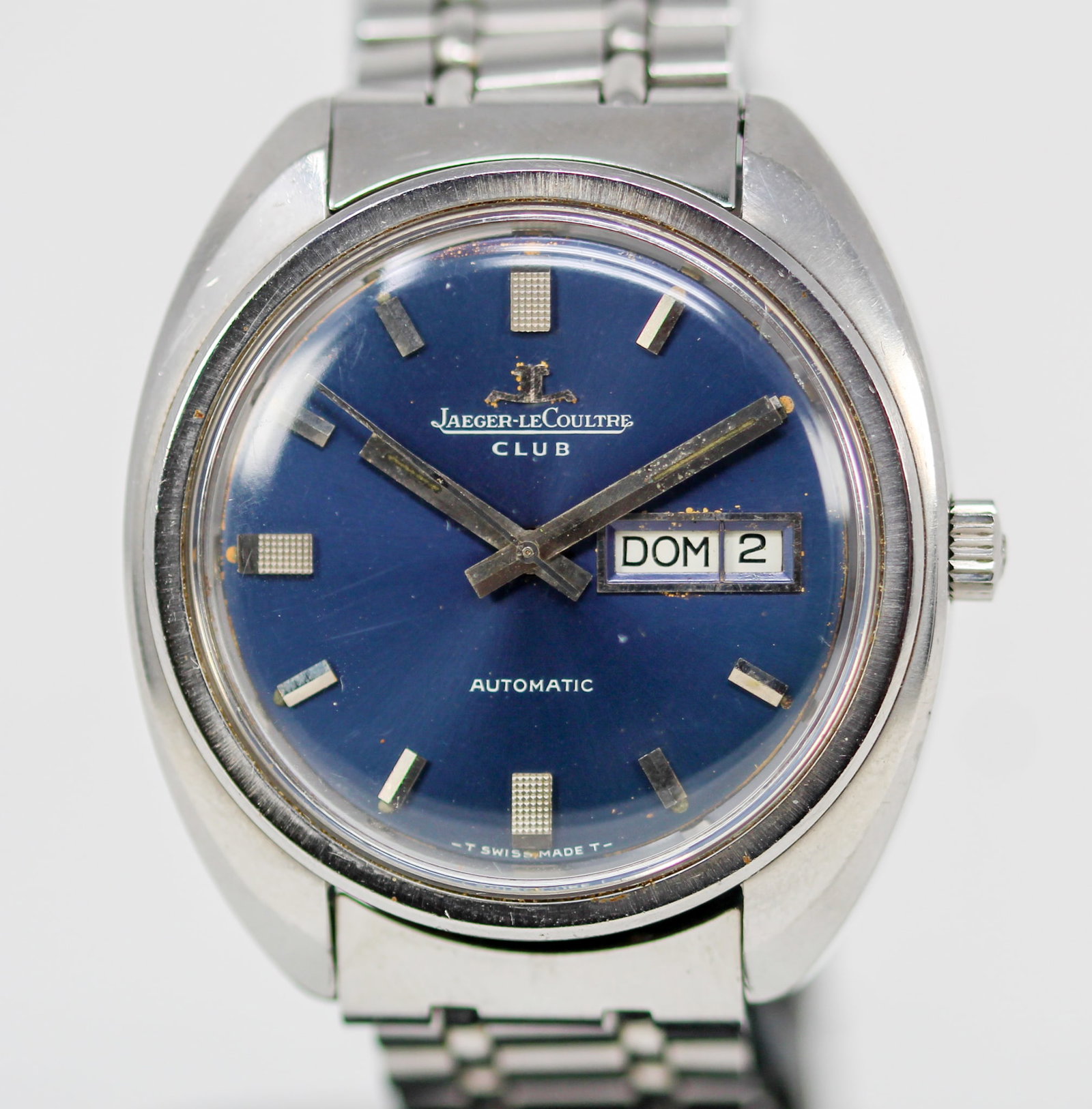 Vintage Jaeger-LeCoultre Club with Day and Date Automatic Wristwatch: Stainless Steel Vintage Jaeger-LeCoultre Club with Day and Date Automatic Wristwatch on Stainless Steel Jaeger-LeCoultre Bracelet; 38mm diameter. Running at time of cataloging. PLEASE NOTE: all wristw