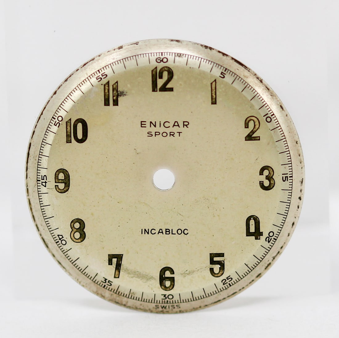Loose Vintage Enicar Sport Dial: Loose Vintage Enicar Sport Dial. Silver dial. 28mm diameter. Loose watch parts. PLEASE NOTE: all wristwatches are sold "as-is", with no mechanical warranty or guarantee. Any representation as to funct