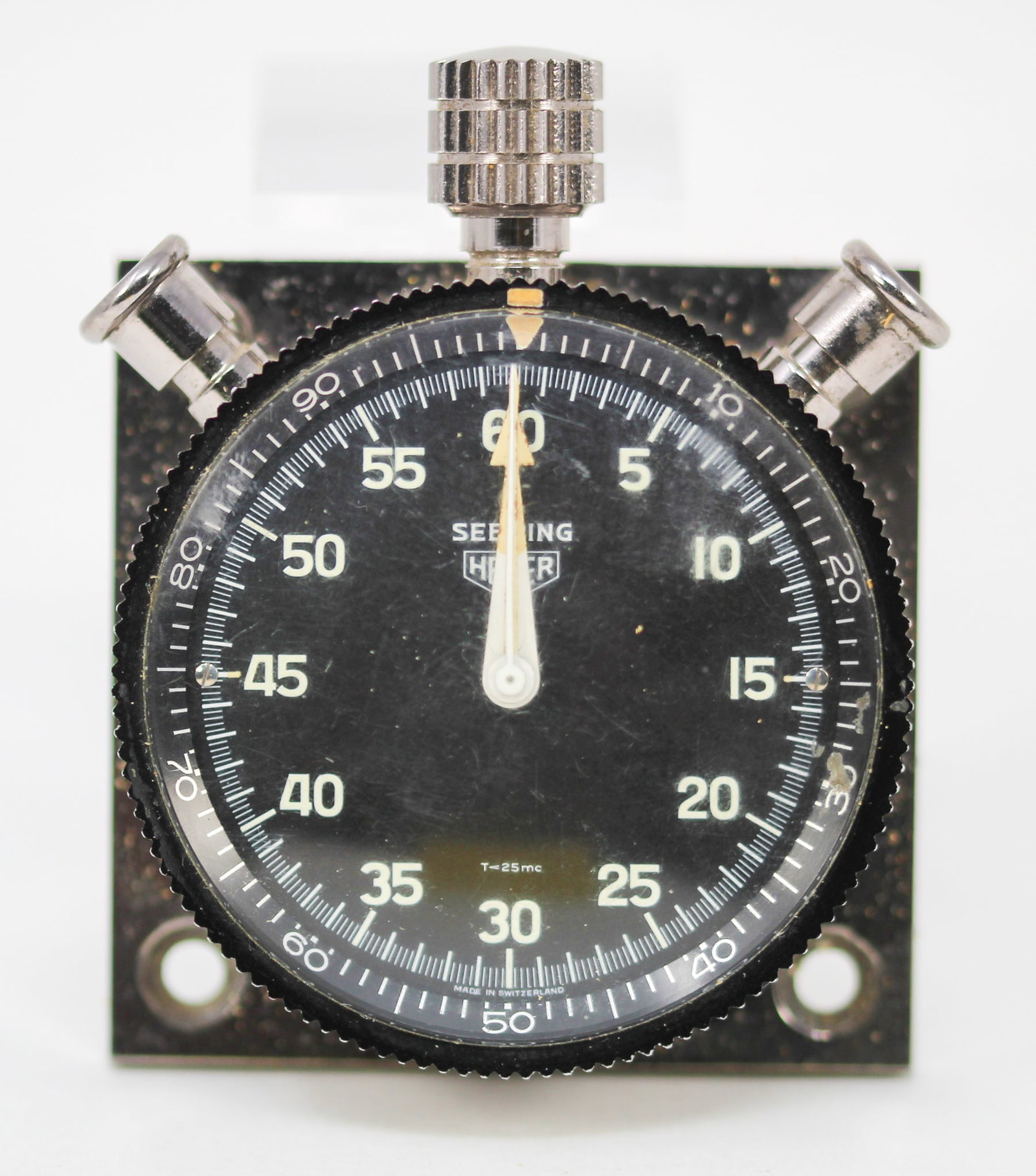 Vintage Heuer Sebring Stopwatch with Heuer Box: Stainless Steel Vintage Heuer Sebring Stopwatch with Heuer Box; Serial # 16.8433. 55mm diameter. Running at time of cataloging. PLEASE NOTE: all wristwatches are sold "as-is", with no mechanical warra