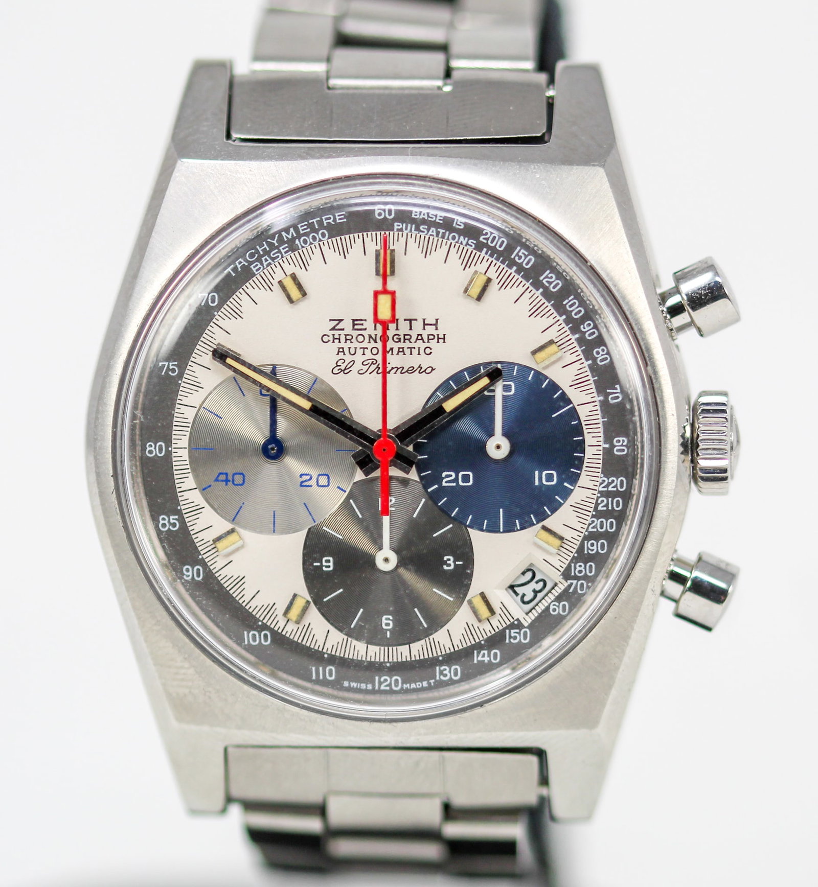 Vintage Zenith Chronograph Automatic "El Primero" with Date Wristwatch: Stainless Steel Vintage Zenith Chronograph Automatic "El Primero" with Date Wristwatch on Stainless Steel Zenith Bracelet with Original Parts Separate; Ref , Serial # 904D888. 37mm diameter. Running a