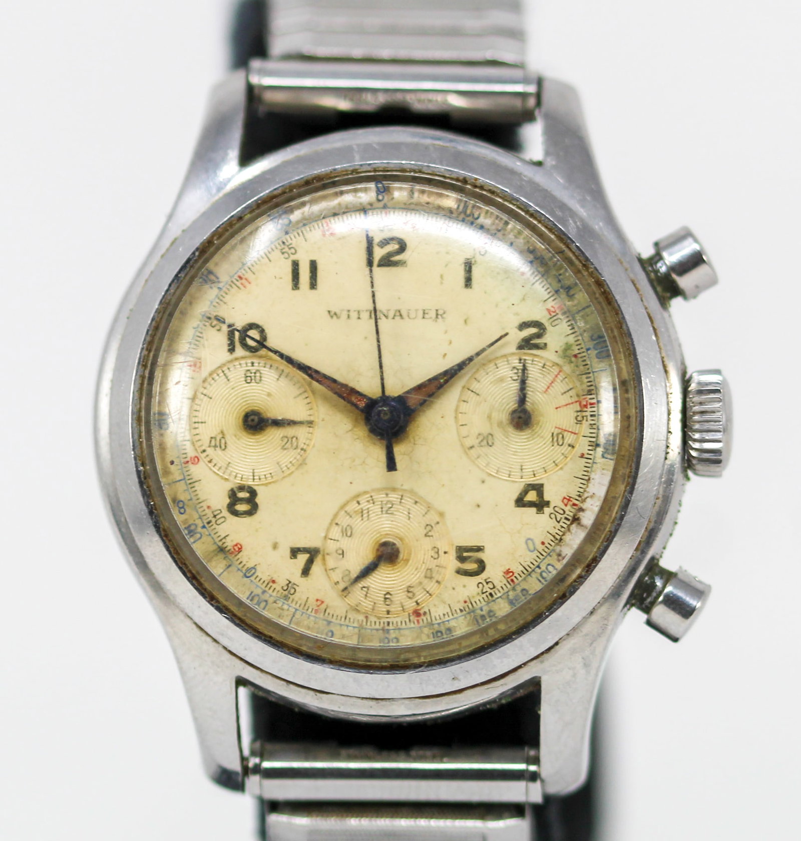 Vintage Wittnaur Chronograph Wristwatch: Stainless Steel Vintage Wittnaur Chronograph Wristwatch. 35mm diameter. Not running. PLEASE NOTE: all wristwatches are sold "as-is", with no mechanical warranty or guarantee. Any representation as to 