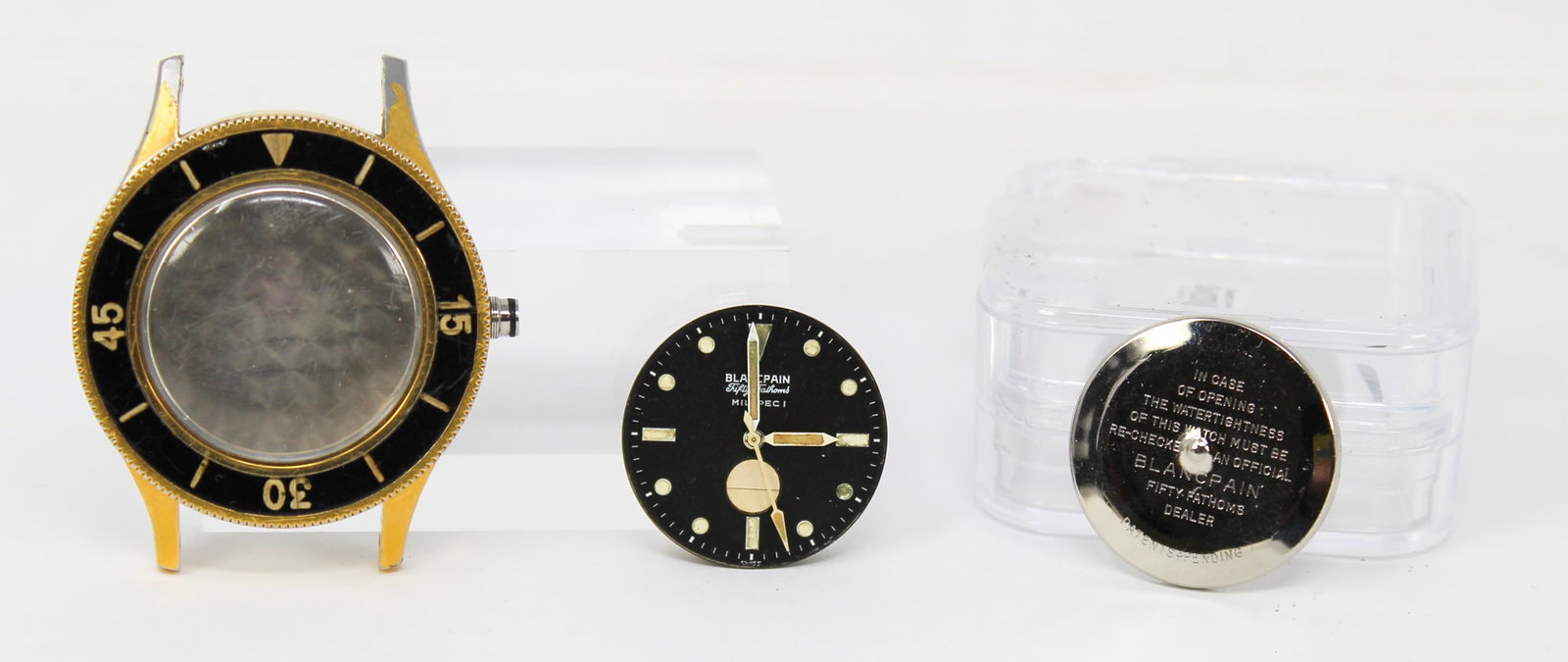 Vintage Blancpain Fifty Fathoms Milspec I Wristwatch *FOR PARTS/REPAIR, NO CROWN*: Gold Plated Stainless Steel Vintage Blancpain Fifty Fathoms Milspec I Wristwatch *FOR PARTS/REPAIR, NO CROWN*; Serial # 5368. 41mm diameter. Not running. PLEASE NOTE: all wristwatches are sold
