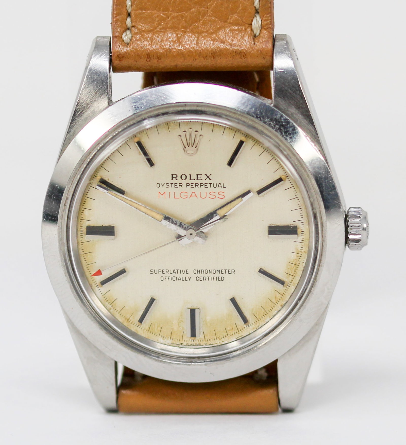 Vintage Rolex Oyster Perpetual Milgauss Wristwatch: Stainless Steel Vintage Rolex Oyster Perpetual Milgauss Wristwatch on Aftermarket Leather Strap; Model 1019, Serial # 2623268. 38mm diameter. Running at time of cataloging. PLEASE NOTE: all