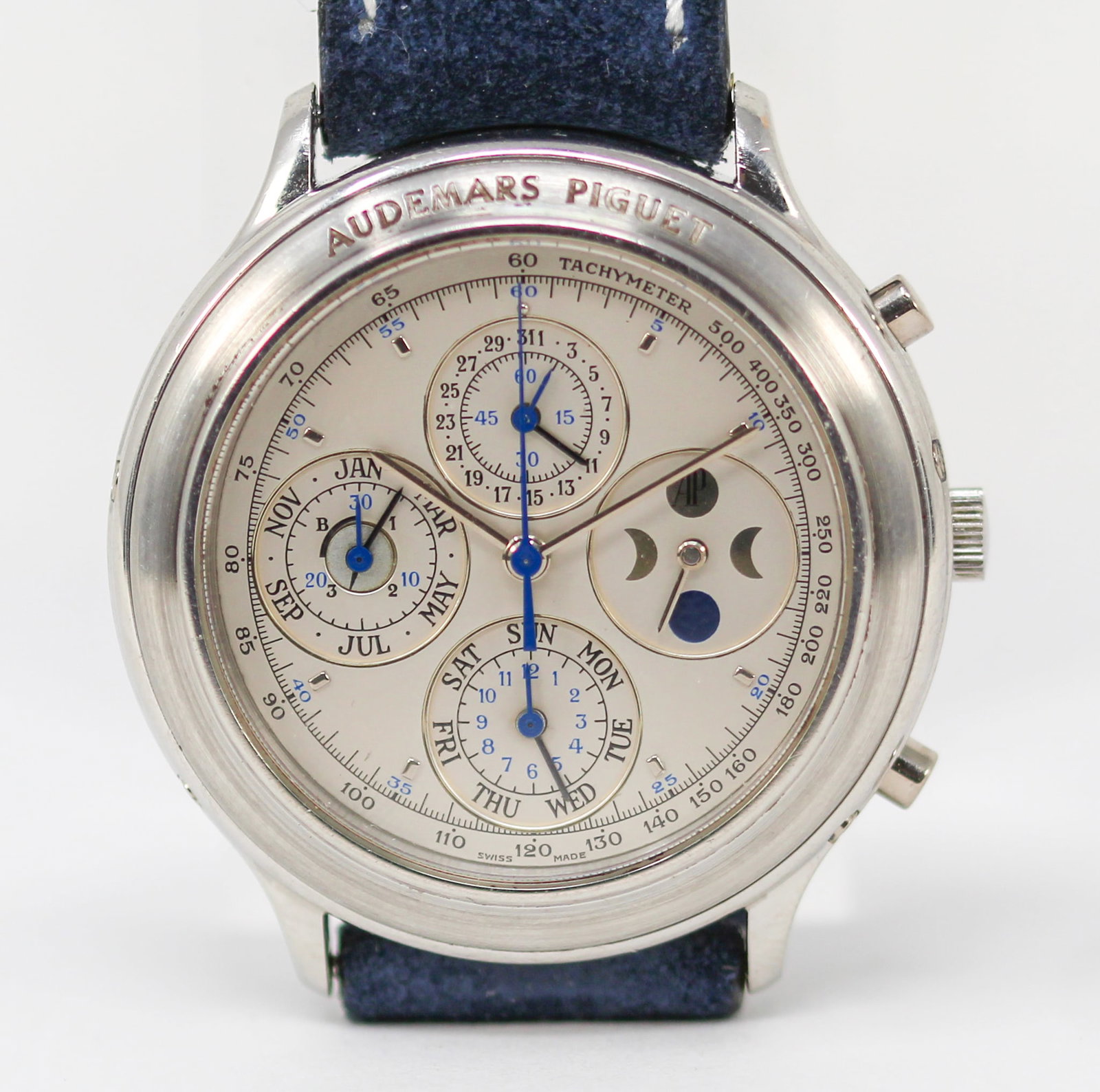 Vintage Audemars Piguet Perpetual Calendar Wristwatch in Platinum: Platinum Vintage Audemars Piguet Perpetual Calendar Wristwatch on Aftermarket Leather Strap with Platinum Audemars Piguet Buckle; Ref 25696PT, Serial # D25680. 40mm diameter. Running at time of