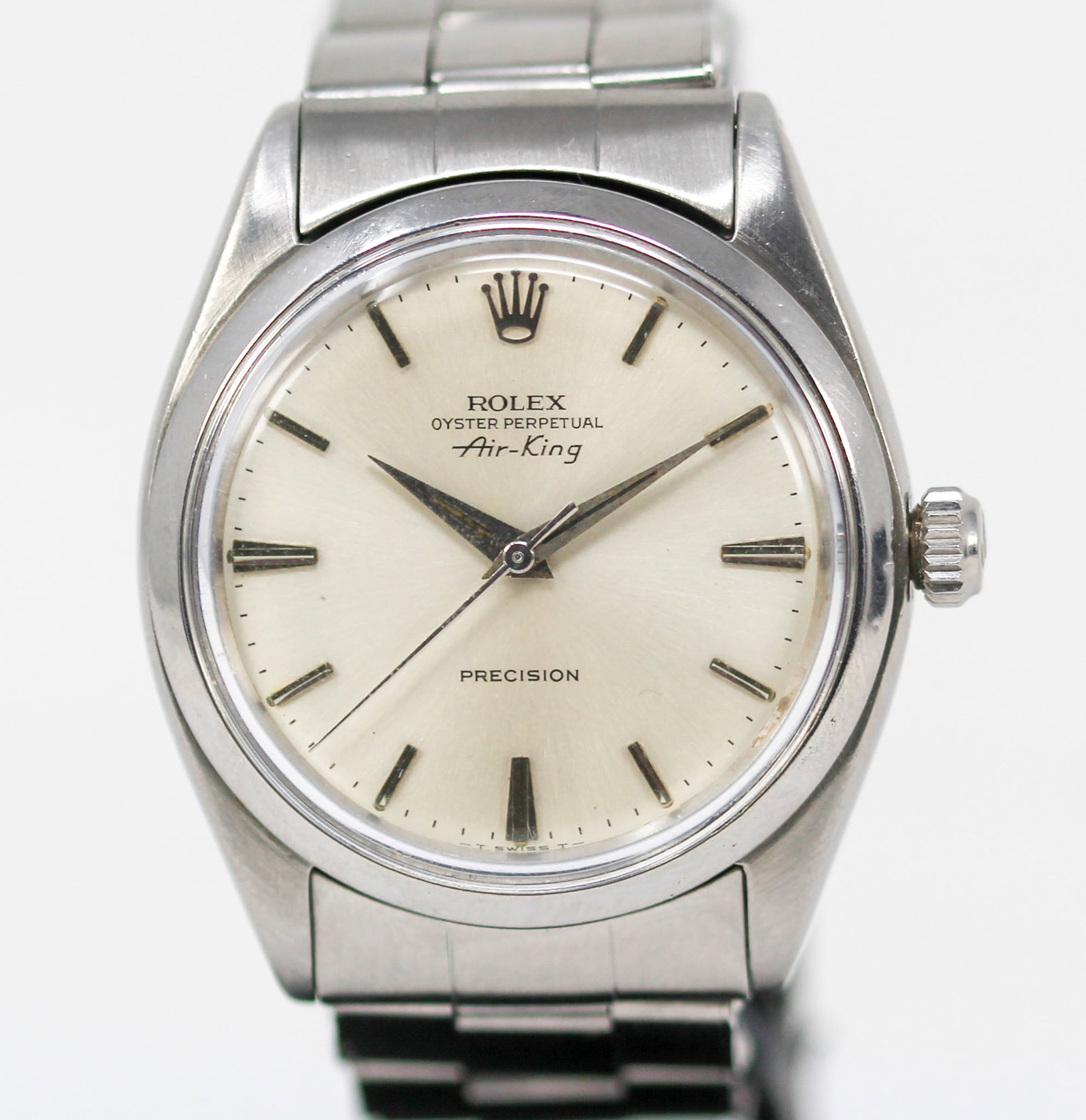 Vintage Rolex Oyster Perpetual Air-King Wristwatch: Stainless Steel Vintage Rolex Oyster Perpetual Air-King Wristwatch on Stainless Steel Rolex Bracelet; Model 5500, Serial # 772425. 34mm diameter. Running at time of cataloging. PLEASE NOTE: all