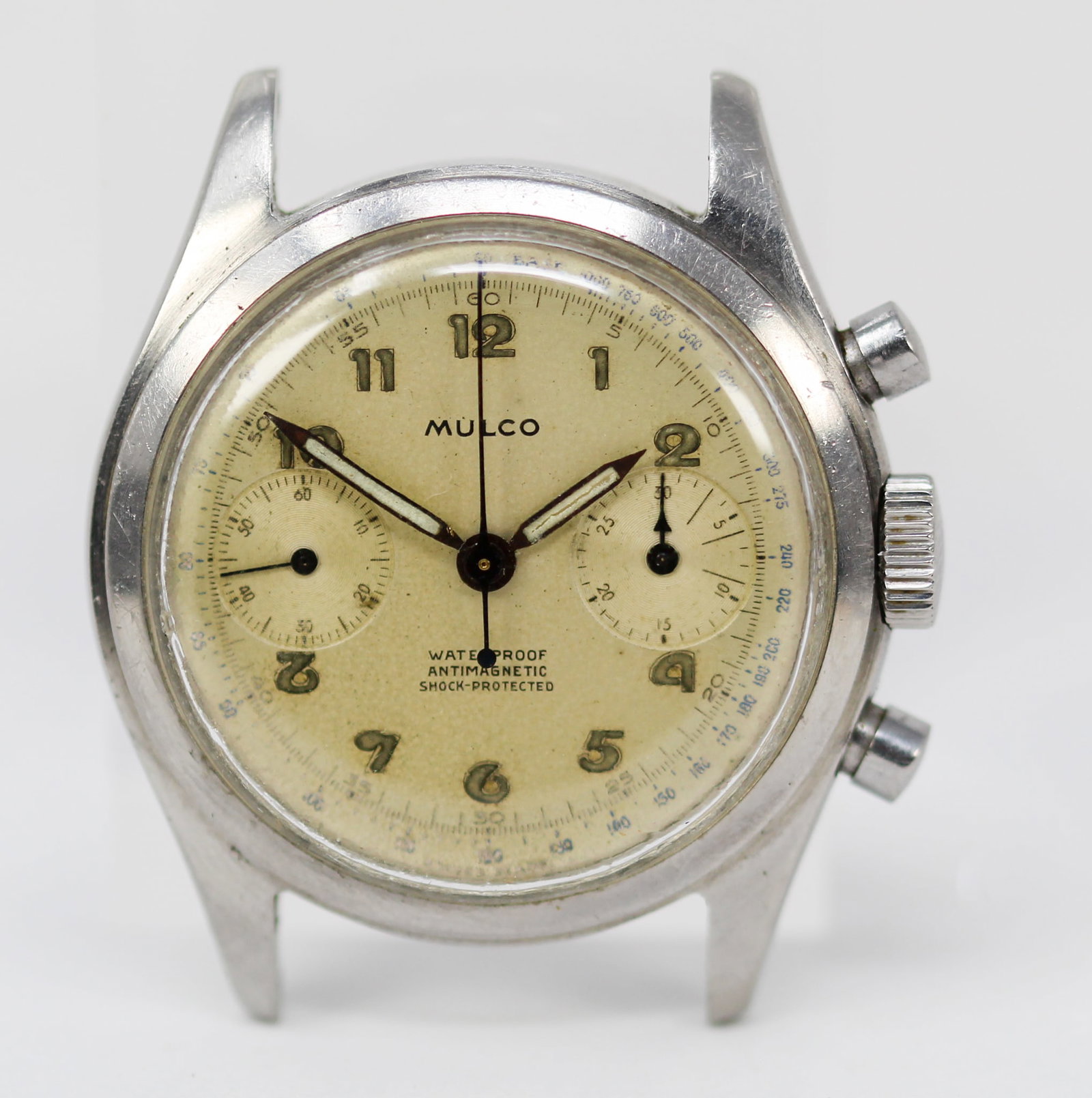 Vintage Mulco Chronograph Wristwatch: Stainless Steel Vintage Mulco Chronograph Wristwatch; Serial # 281103. 36mm diameter. Running at time of cataloging. PLEASE NOTE: all wristwatches are sold "as-is", with no mechanical warranty or guar