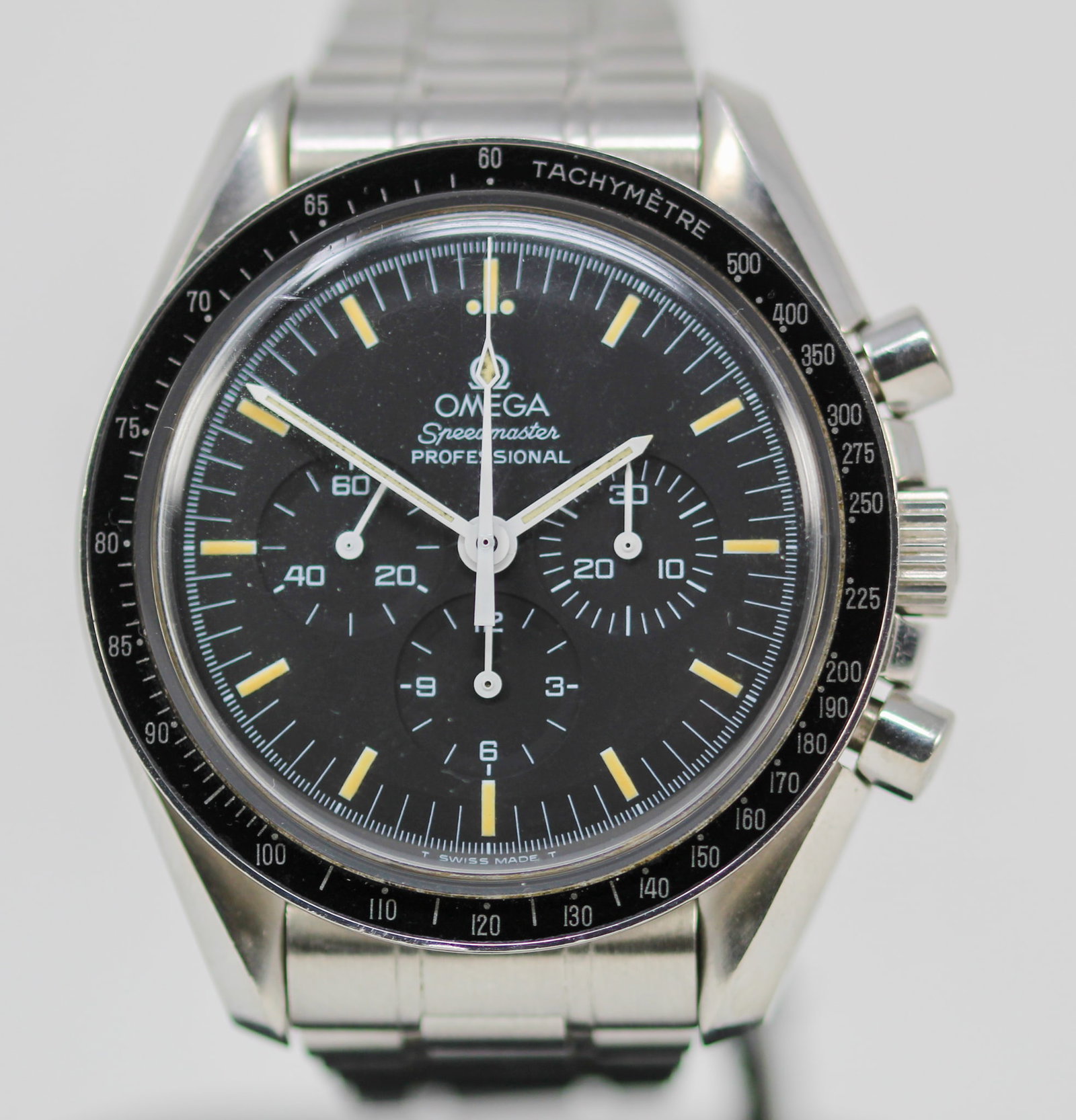 Omega Speedmaster Professional Chronograph Wristwatch: Stainless Steel Omega Speedmaster Professional Chronograph Wristwatch on Stainless Steel Omega Bracelet; Ref 3592.5, Serial # 48308356. 42mm diameter. Running at time of cataloging. PLEASE NOTE: all w