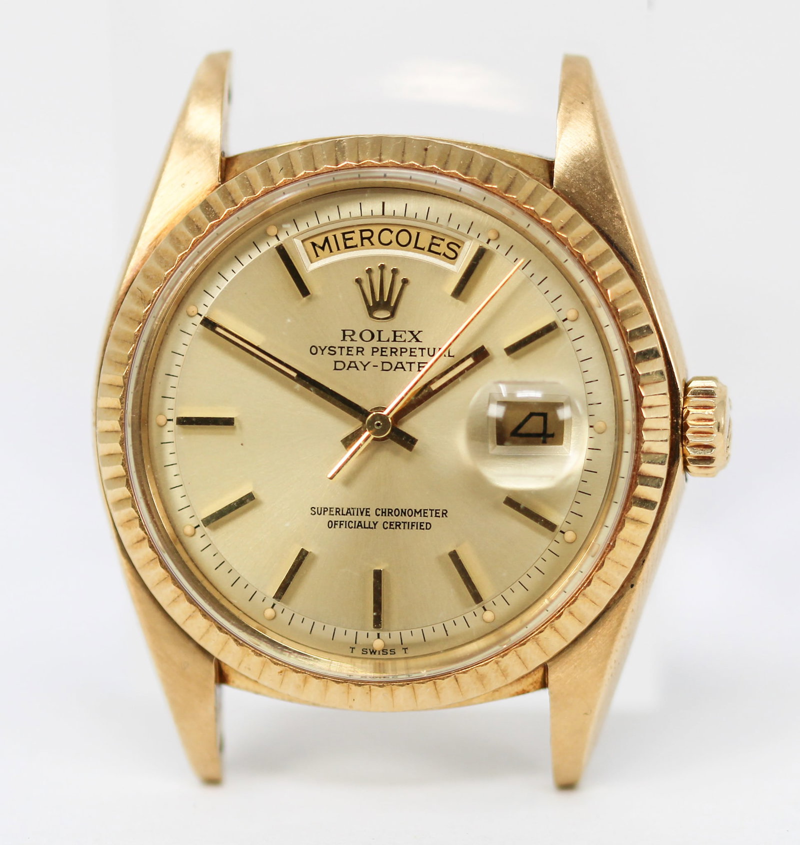 Vintage Rolex Oyster Perpetual Day-Date Wristwatch in 18kt Yellow Gold: 18kt Yellow Gold Vintage Rolex Oyster Perpetual Day-Date Wristwatch; Model 1803, Serial # 4714968. Total weight: 56g. 36mm diameter. Running at time of cataloging. PLEASE NOTE: all wristwatches are so