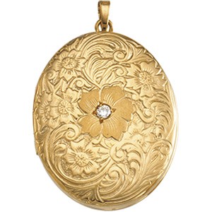 14K GOLD LOCKET PENDANT DIAMOND EXCEPTIONAL!: This Antique Style Gold Locket is positively stunning! It is 14k Yellow Gold and it features floral embossing with a center Rose set with a Diamond! This beautiful Gold Locket measures 29.5mm x 20.5mm