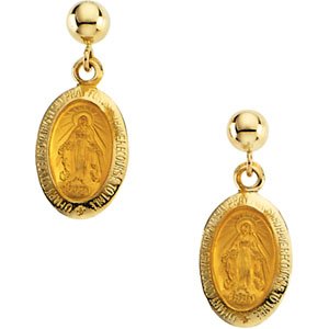 14K GOLD EARRINGS MIRACULOUS MEDAL SOLID GOLD: 14k SOLID GOLD Earrings, each featuring a Religious MIRACULOUS MEDAl. The 14k Yellow Gold Medal measures 12mm x 9mm, and it dangles from a gold ball. There are post style backs for pierced ears. 59856