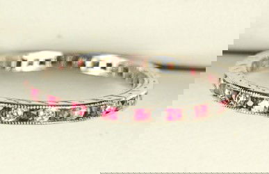 ANTIQUE 18K WHITE GOLD WEDDING BAND RUBY AND DIAMOND: This ANTIQUE Style Eternity Band is an Authentic and Accurate copy of a Wedding Band from the 1920's but THIS one is in MINT condition! This Eternity Band is 18k White Gold and it features Genuine RUB