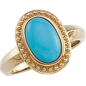 14K YELLOW GOLD RING GENUINE TURQUOISE = 4 CARATS!: 14k Yellow Gold Ring featuring an Oval TURQUOISE. The Turquoise measures 11 x 7mm and = 4 CARATS! The Turquoise is surrounded by Antique style Gold beading. This ring is a size 6 and it can be resized