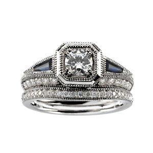 14K WHITE GOLD DIAMOND ENGAGEMENT RING w SAPPHIRE: This ANTIQUE Style Engagement Ring and Wedding Band is an AUTHENTIC and ACCURATE copy of a Wedding Set from the 1920's and THIS one is in MINT condition! The Engagement Ring is 14k White Gold and it f