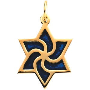 14K GOLD PENDANT JEWISH STAR OF DAVID BLUE ENAMEL: 14k Yellow Gold Pendant of the STAR OF DAVID and featuring Exquisite Cobalt Blue Enameling. The Star measures 1/2 inch across.