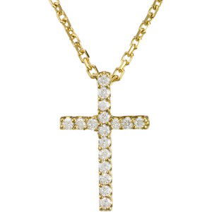 14K GOLD DIAMOND CROSS PENDANT 14K GOLD CHAIN NECKLACE: This SOLID 14K GOLD Cable Chain Necklace is 16 inches in length. There is a 14K GOLD CROSS PENDANT set with 17 SPARKLING DIAMONDS = .085 Carats. The Cross measures 12.75mm (1/2 Inch) x 8mm (1/3 Inch)