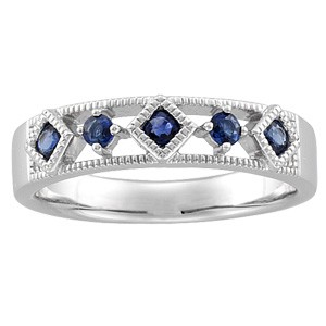 14K WHITE GOLD ANNIVERSARY BAND 5 BLUE SAPPHIRES: This 14k White Gold Anniversary Band features 2 round BLUE SAPPHIRES and 3 Marquise cut BLUE SAPPHIRES. This Wedding Band Ring weighs 4 GRAMS and it is a Size 7. There is lovely open work surrounding 